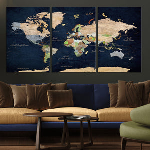 Minimalist World Map Canvas Wall Art - Watercolor Blue and