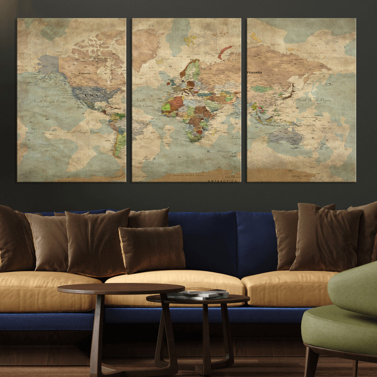 World Map Wall Art Canvas Print, Rustic Map Print, Framed