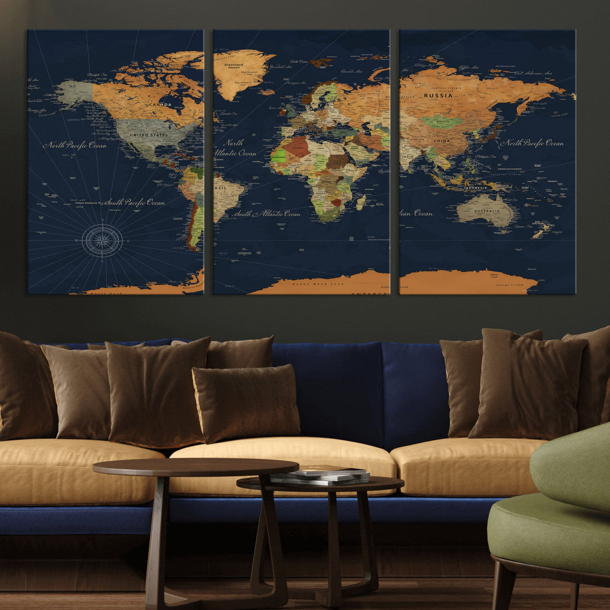 Modern World Map Canvas Print – Framed Detailed Map of the