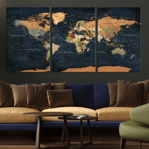 Vintage World Map Canvas Wall Art – Detailed Map with