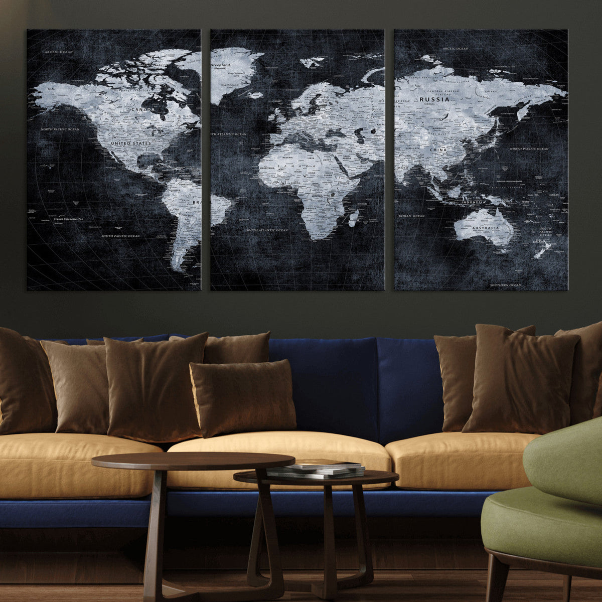 Black World Map Canvas Print – Detailed Map for Couples and