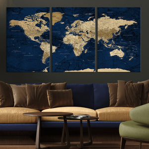 Navy Blue World Map Canvas Print – Detailed Map Minimal Navy