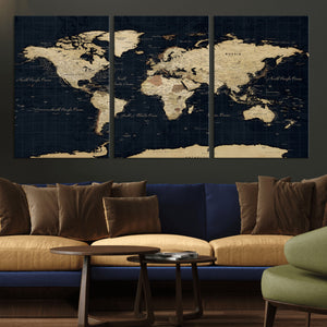 Dark World Map Canvas Wall Art Print, Minimal Black and Gold