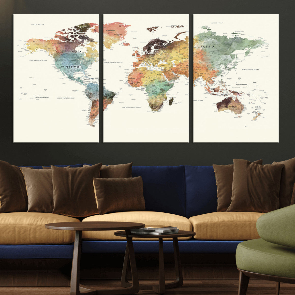 Framed World Map Wall Art Canvas Print for Living Room and