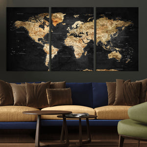 World Map Canvas Wall Art with Famous Landmarks – Framed