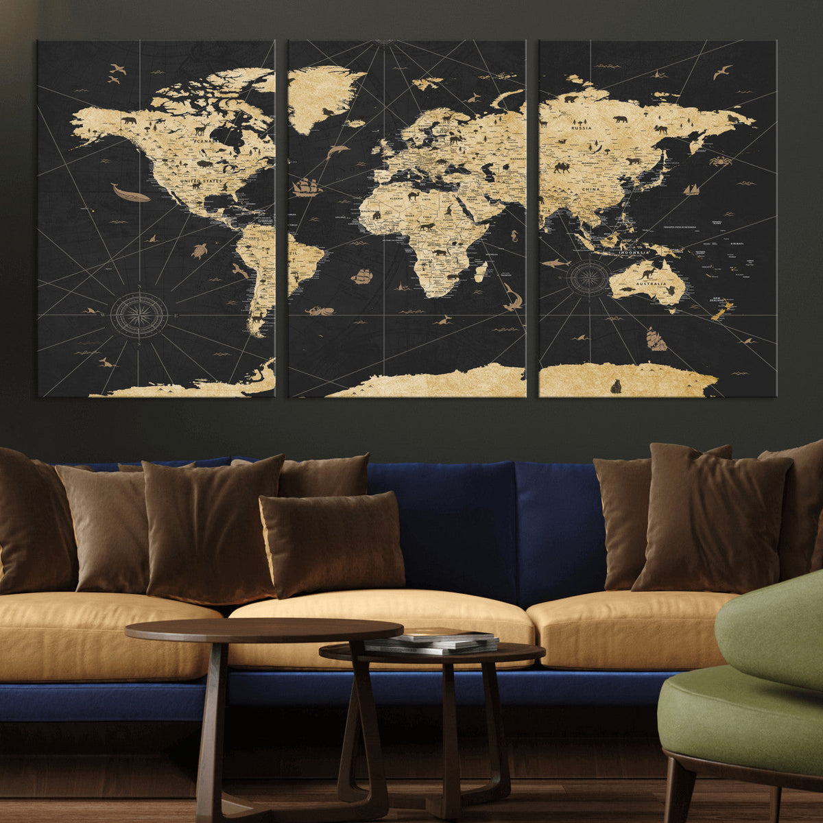Vintage Blue and Brown World Map Canvas Wall Art – Framed