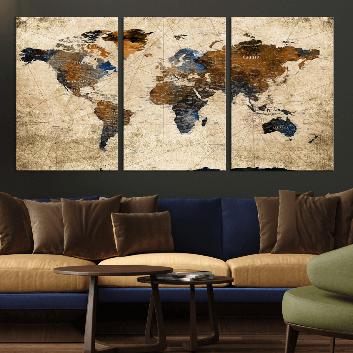 World Map Wall Art – Rustic Earth Tone Canvas Print, Antique