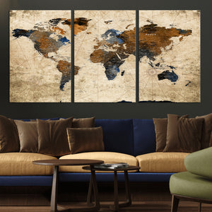 World Map Wall Art – Rustic Earth Tone Canvas Print, Antique