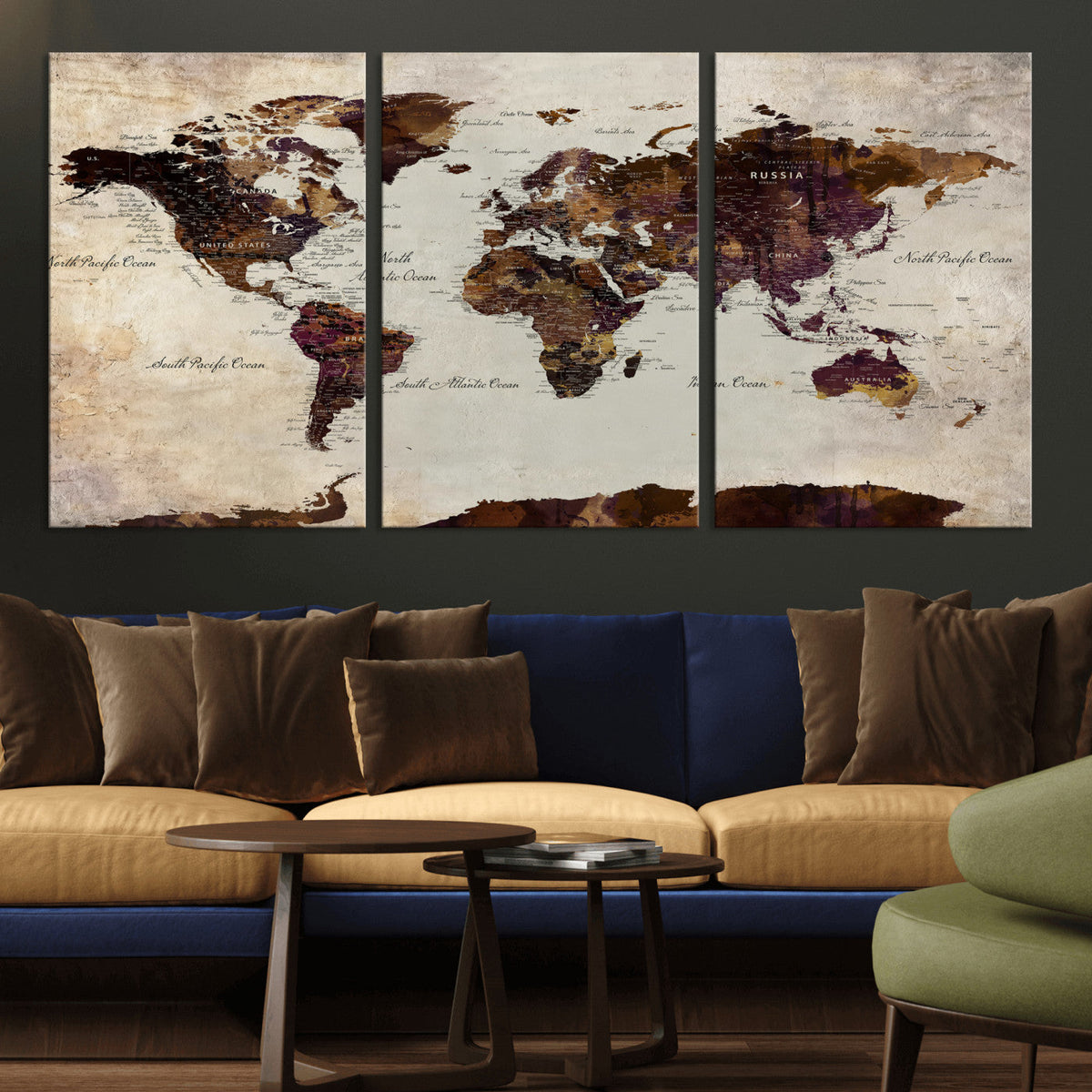 World Map Canvas Triptych – Colorful Global Wall Art for