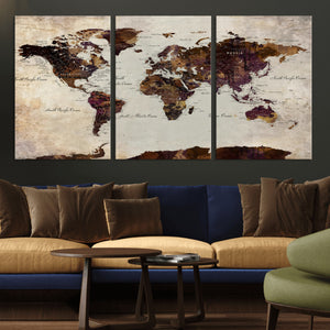 World Map Canvas Triptych – Colorful Global Wall Art for