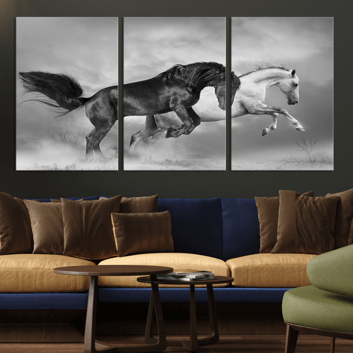 Wild Horses Wall Art Canvas Print – Framed Black and White