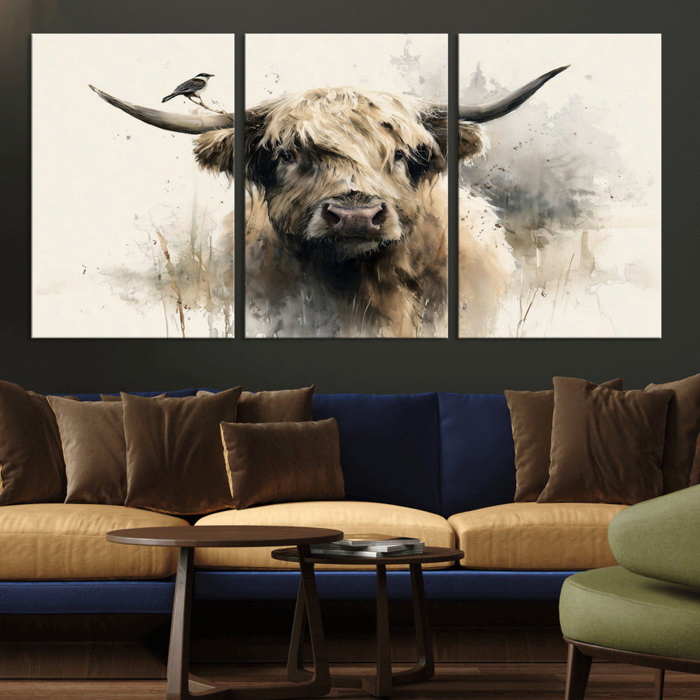 Abstract Highland Cow Wall Art Canvas Print, Rustic Farm