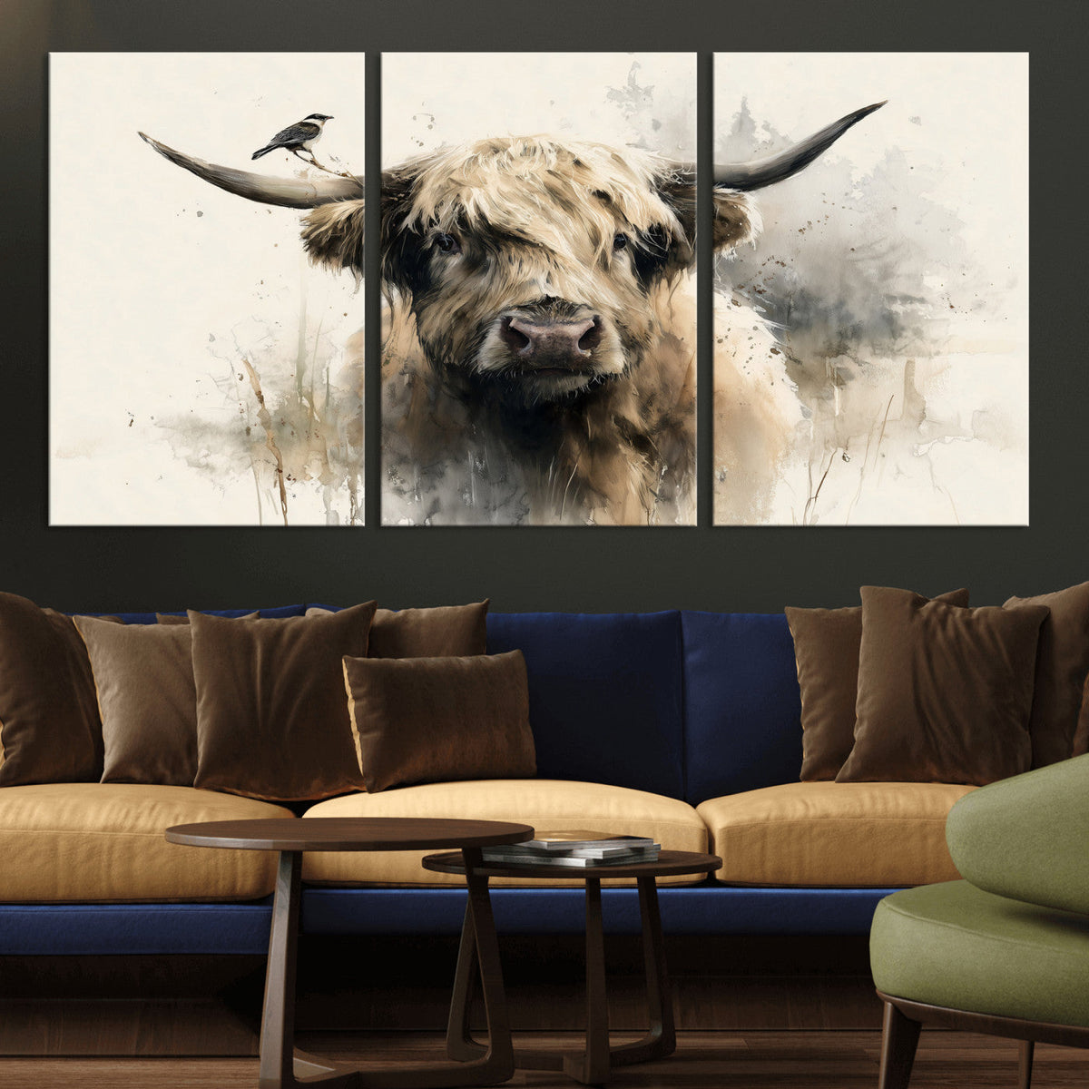 Abstract Highland Cow Wall Art Canvas Print, Rustic Farm