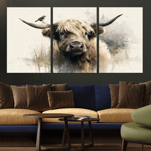 Abstract Highland Cow Wall Art Canvas Print, Rustic Farm