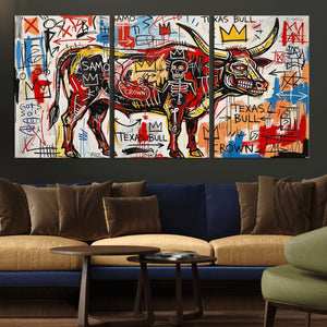 Texas Bull Wall Art Canvas Print, Abstract Graffiti Bull