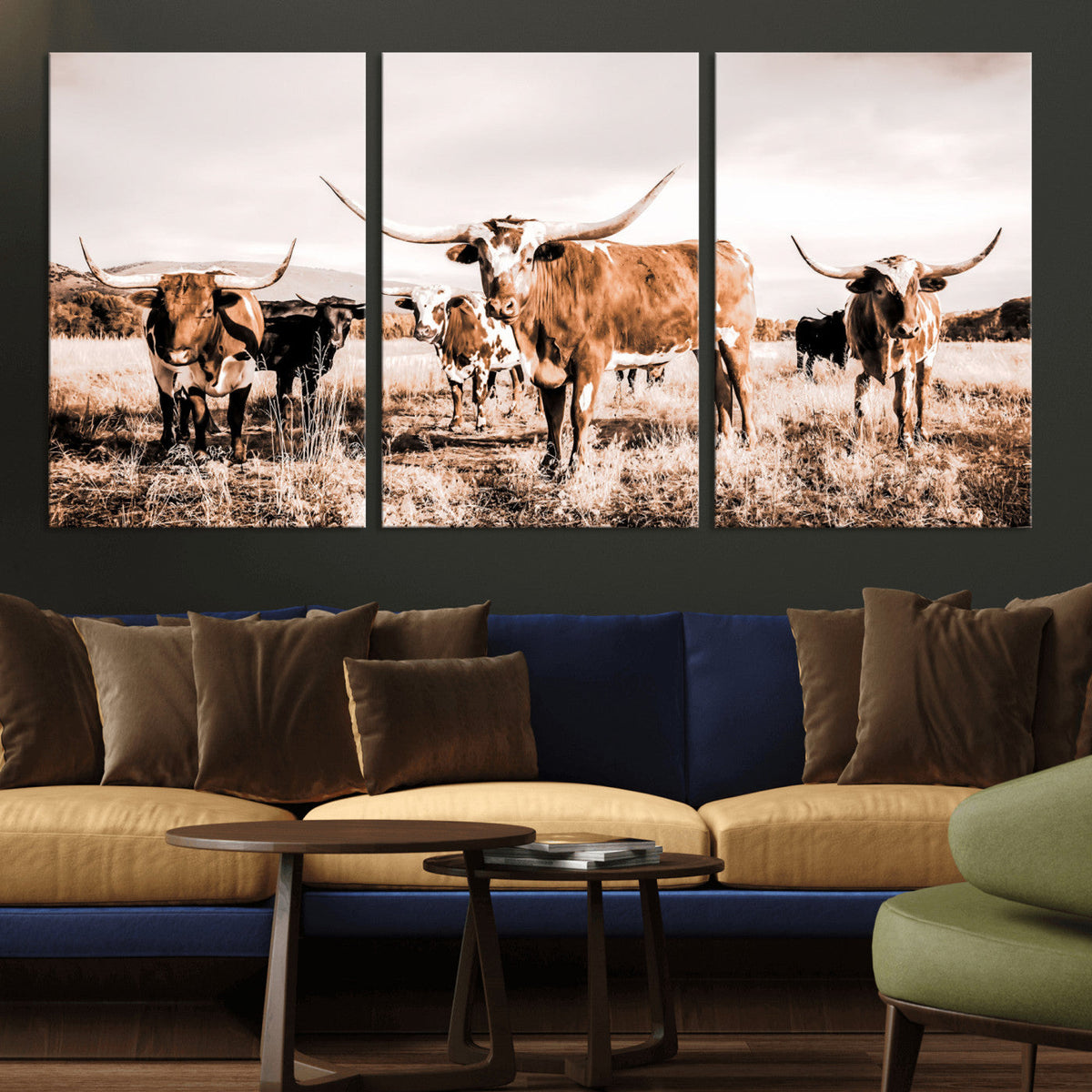 Texas Longhorn Cattle Wall Art Canvas Print, Sepia Western