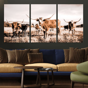 Texas Longhorn Cattle Wall Art Canvas Print, Sepia Western