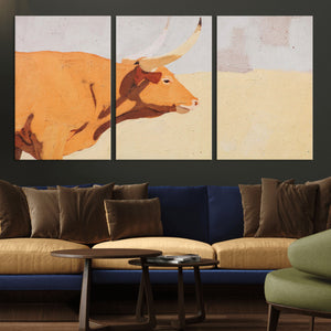 Minimal Longhorn Bull Wall Art Canvas Print, Neutral Western