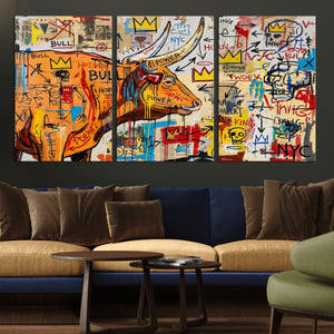 Basquiat Style Bull Graffiti Wall Art Canvas Print, Street