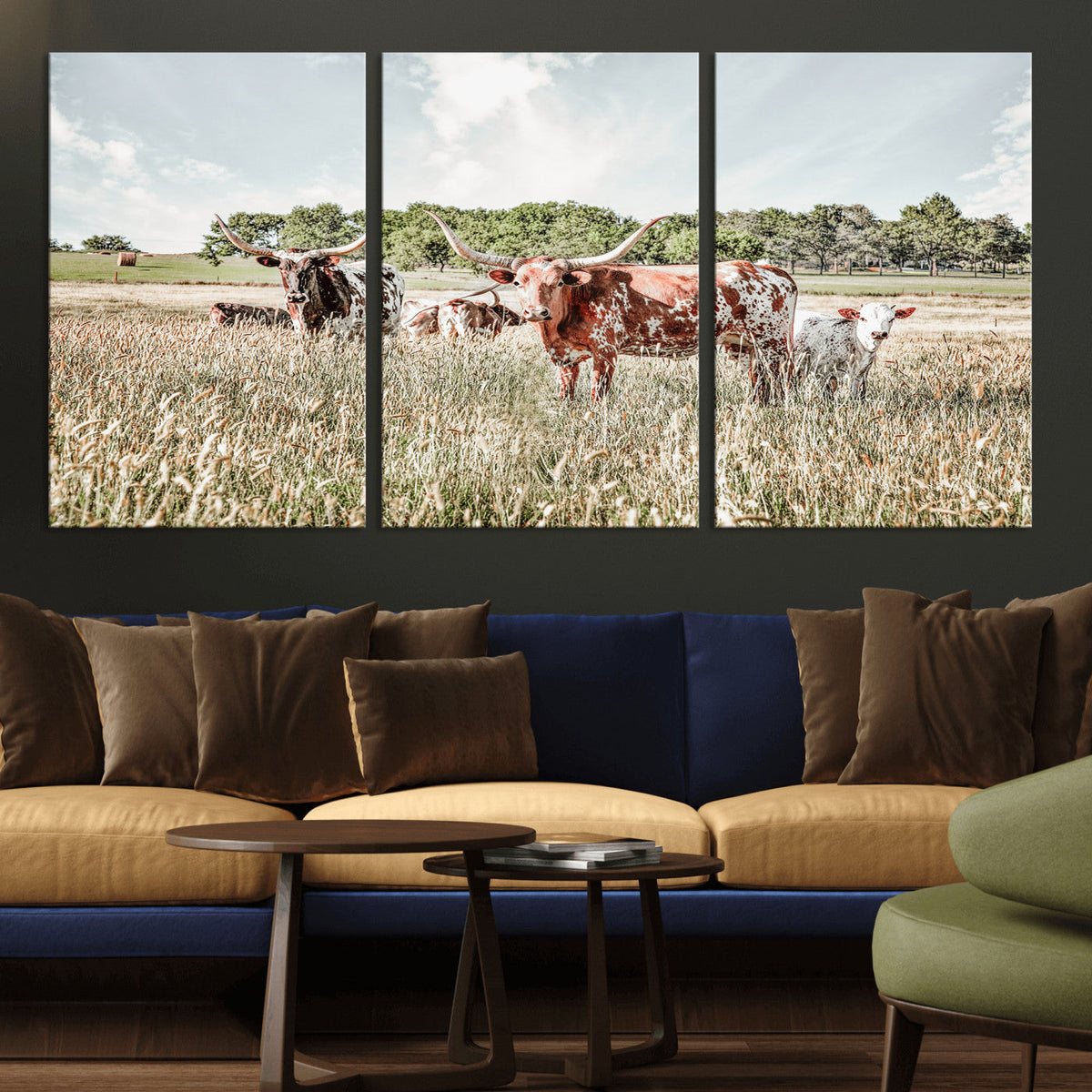 Texas Longhorn Cattle Wall Art Canvas Print, Rustic Ranch