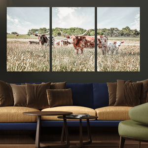 Texas Longhorn Cattle Wall Art Canvas Print, Rustic Ranch