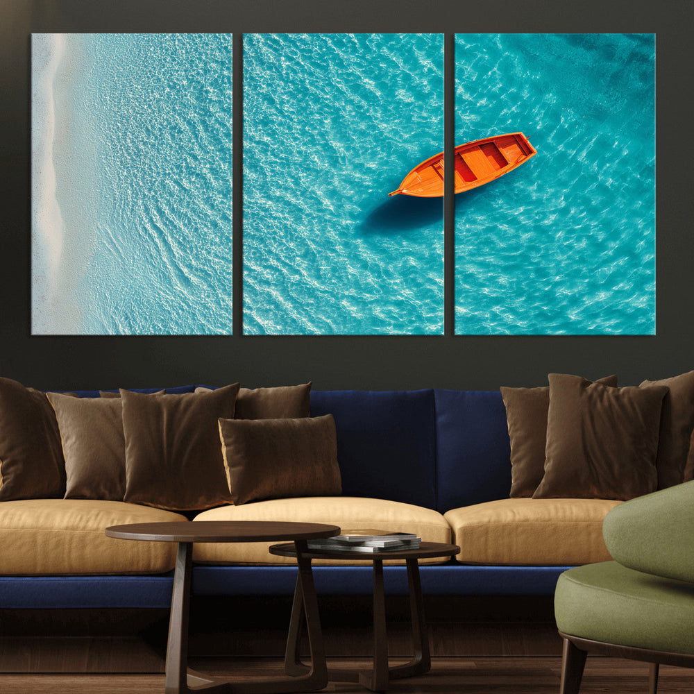 Minimalist Boat Wall Art Canvas Print, Aerial Sea Landscape