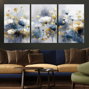 Large Abstract Flowers Wall Art Canvas Print – Gold and Blue