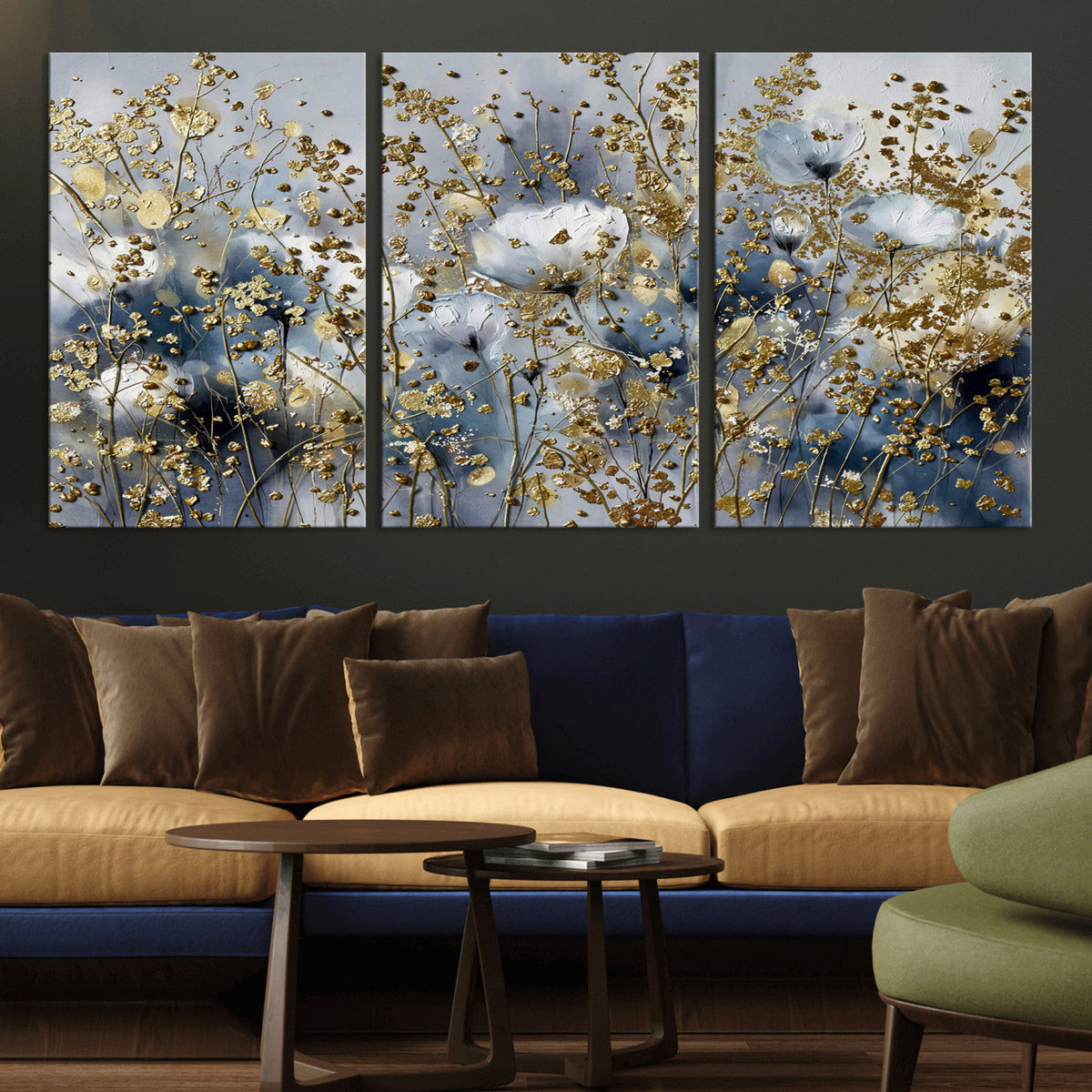 Abstract Floral Wall Art Canvas Print – Gold and Blue