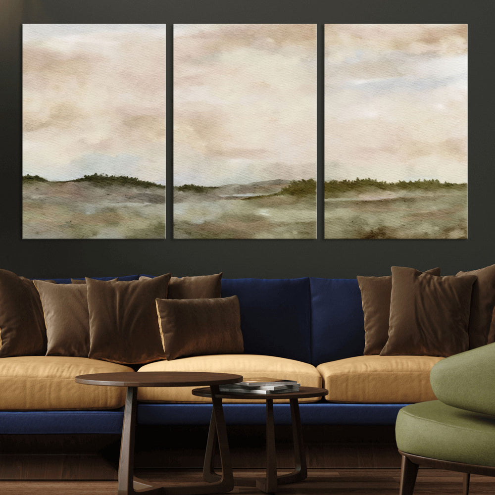 Muted Watercolor Hill Landscape Print — Beige Taupe Cloudy