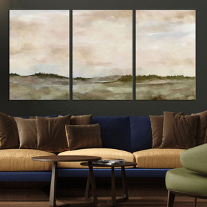 Muted Watercolor Hill Landscape Print — Beige Taupe Cloudy