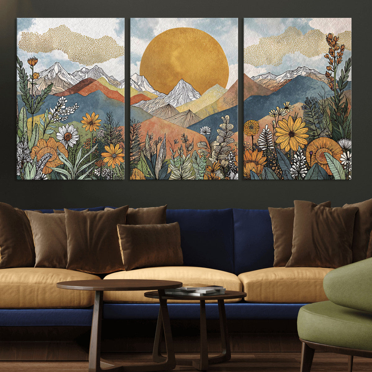 Boho Mountain Landscape Large Wall Art, Horizontal Gold