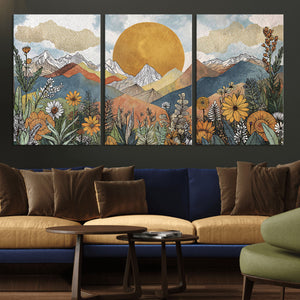 Boho Mountain Landscape Large Wall Art, Horizontal Gold
