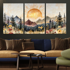 Boho Mountain Landscape Large Wall Art, Horizontal Gold