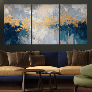Blue Gold Abstract Large Framed Canvas Wall Art, Modern