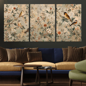 Vintage Birds and Flowers Wall Art Canvas Print, Botanical