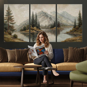 Vintage Mountain Landscape Wall Art Canvas Print Set, Rustic