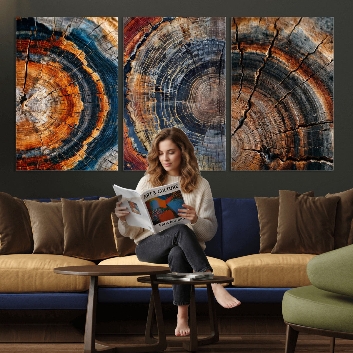 Tree Ring Triptych Canvas Wall Art — Set of 3 Wood Grain