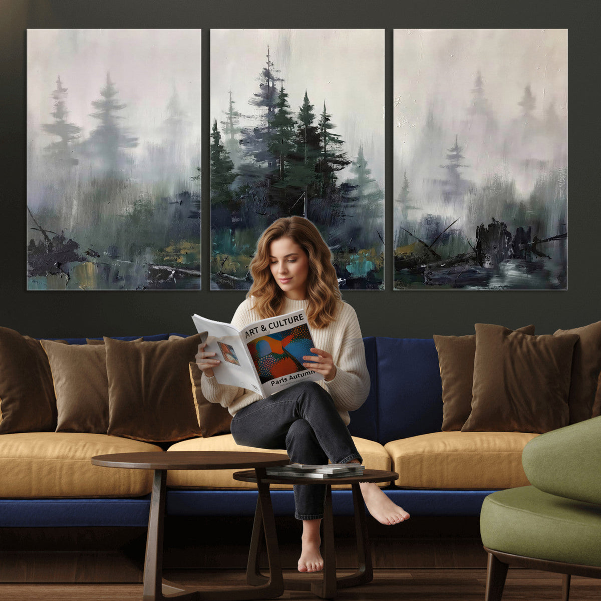 Misty Pine Forest Oil Painting Canvas — Dark Moody Teal Grey