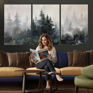 Misty Pine Forest Oil Painting Canvas — Dark Moody Teal Grey
