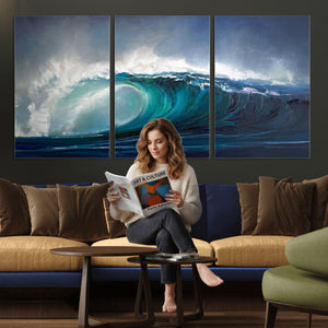Ocean Wave Canvas Wall Art, Dramatic Teal Blue Seascape Oil