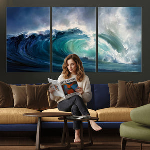 Ocean Wave Canvas Wall Art, Dramatic Teal Blue Seascape Oil