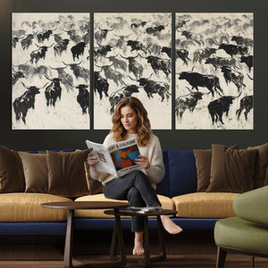 Longhorn Cattle Canvas Wall Art, Black White Stampede Ink