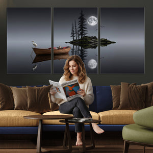 Moonlit Lake Canvas Wall Art, Dreamy Boat Heron Full Moon
