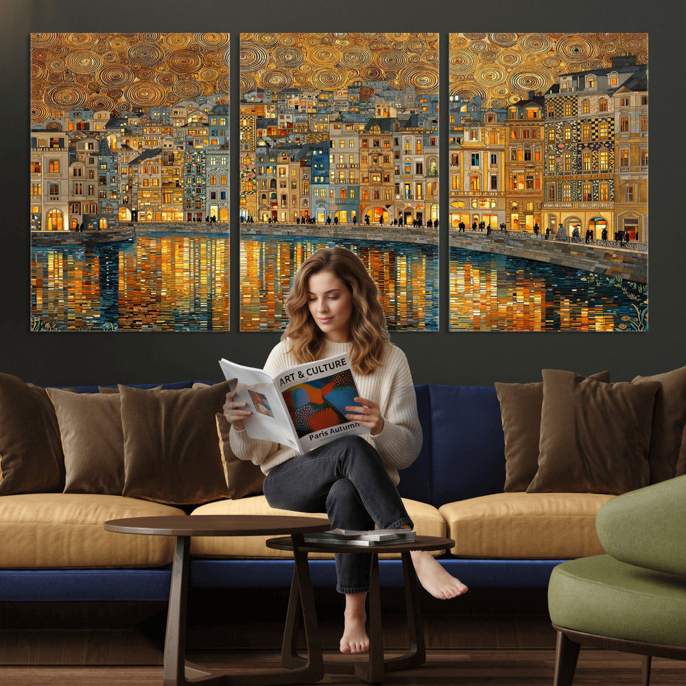 Gustav Klimt Golden Cityscape Wall Art Canvas Print, Framed