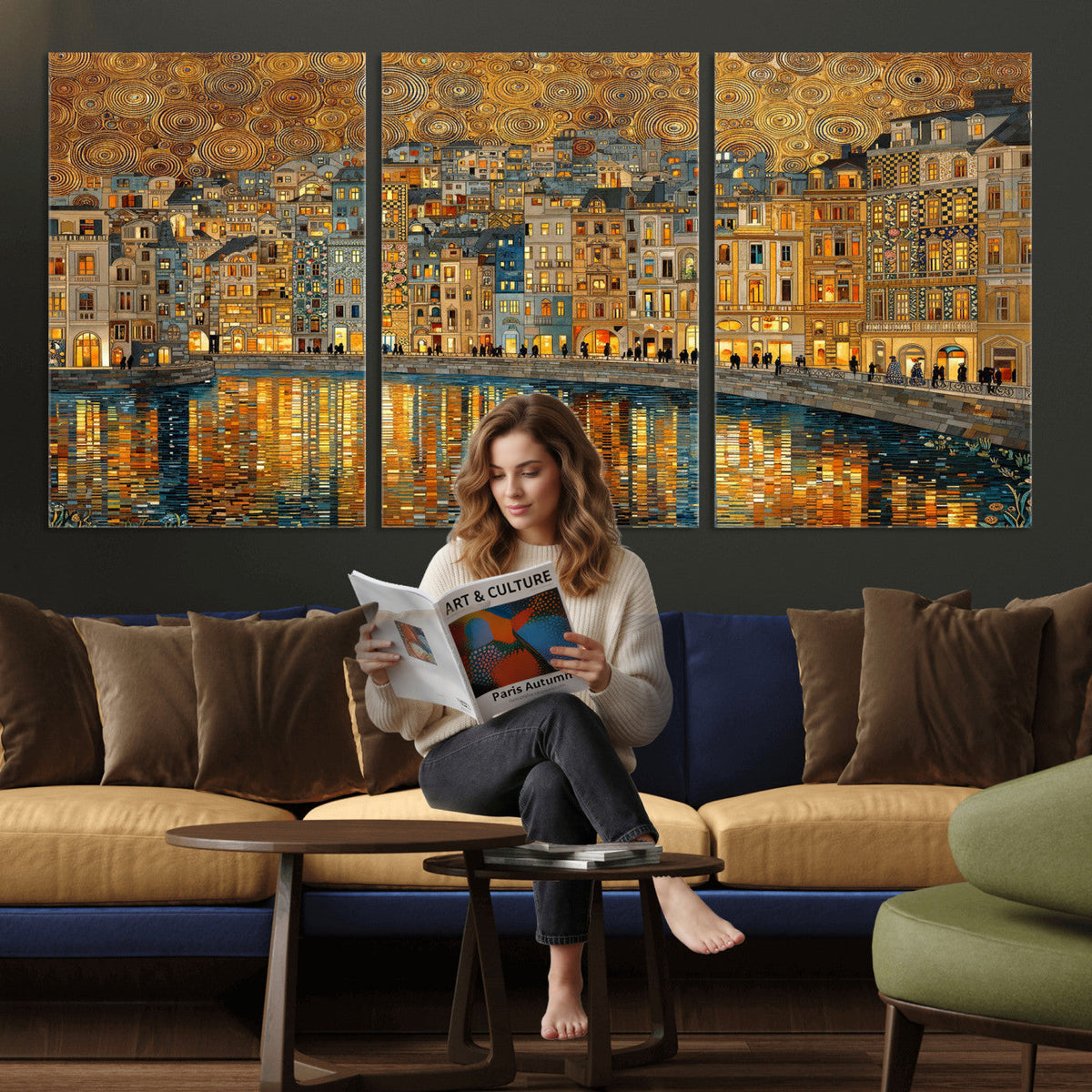 Gustav Klimt Golden Cityscape Wall Art Canvas Print, Framed