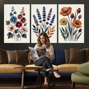 Watercolor Botanical Canvas Wall Art Set, Navy Terracotta