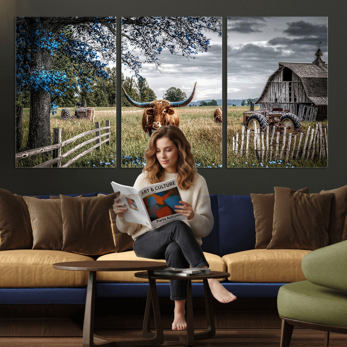 Texas Longhorn Canvas Wall Art, Rustic Farm Barn Bluebonnet