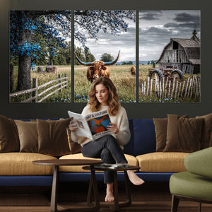 Texas Longhorn Canvas Wall Art, Rustic Farm Barn Bluebonnet