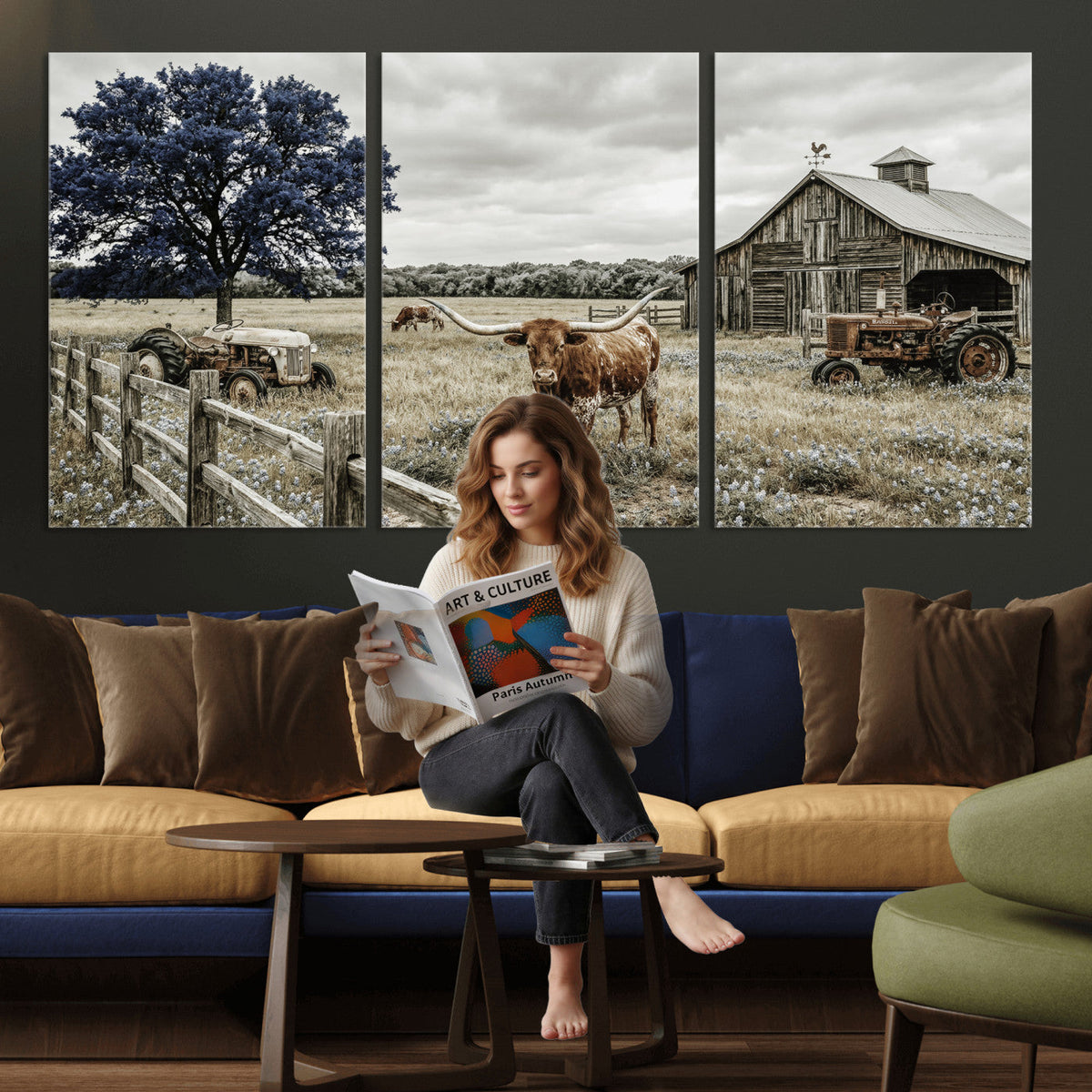 Texas Longhorn Canvas Wall Art, Rustic Farm Barn Bluebonnet