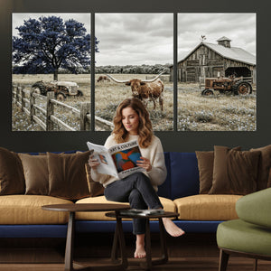 Texas Longhorn Canvas Wall Art, Rustic Farm Barn Bluebonnet
